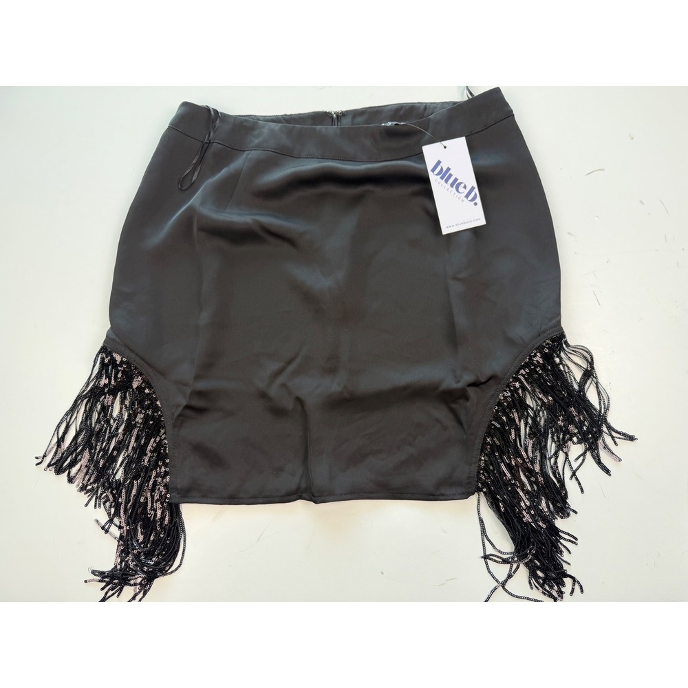 Blue B Collection Black Sequin Side Fringe Mini Skirt Party Clubwear Size L